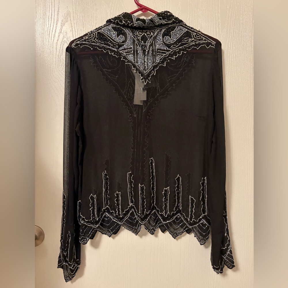 NWT For Joseph 100% Silk Black Sheer Hand-beaded Blouse Scalloped Hem Large - Picture 14 of 16